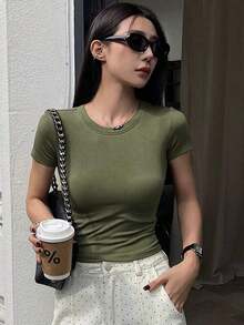 Camiseta de manga corta de unicolor casual para mujer, verano - Verde militar - Ver 2