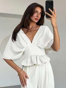 Blusa de manga de murciélago de unicolor elegante para mujer, de verano - Blanco - Ver 7