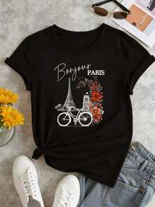 Fashion Printed T‑Shirts for Women, Oversized Streetwear Tops, Comfortable and Stylish All‑Match Summer TeesCamiseta gráfica de la Torre Eiffel de París, primavera,  algodón, estampado llamativo, informal, transpirable - Negro - Ver 2