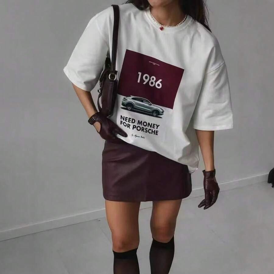 Nueva  Verano 2026: Camiseta de Manga Corta de Algodón para Mujer, Estilo Vintage de Hong Kong, Estampado Americano, Versátil y de Talla Grande - Blanco - Ver 1