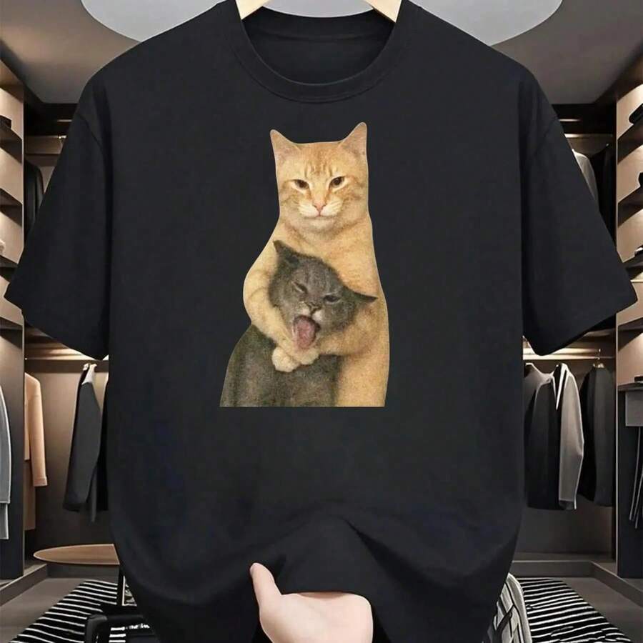 Short-Sleeved T-Shirt With A Cool Cat Print, Black, Casual Crew Neck. Suitable For All Seasons, Ideal For Everyday Wear, Perfect As A Holiday Gift Or To Give To A Friend. - 黑色 - 查看 1