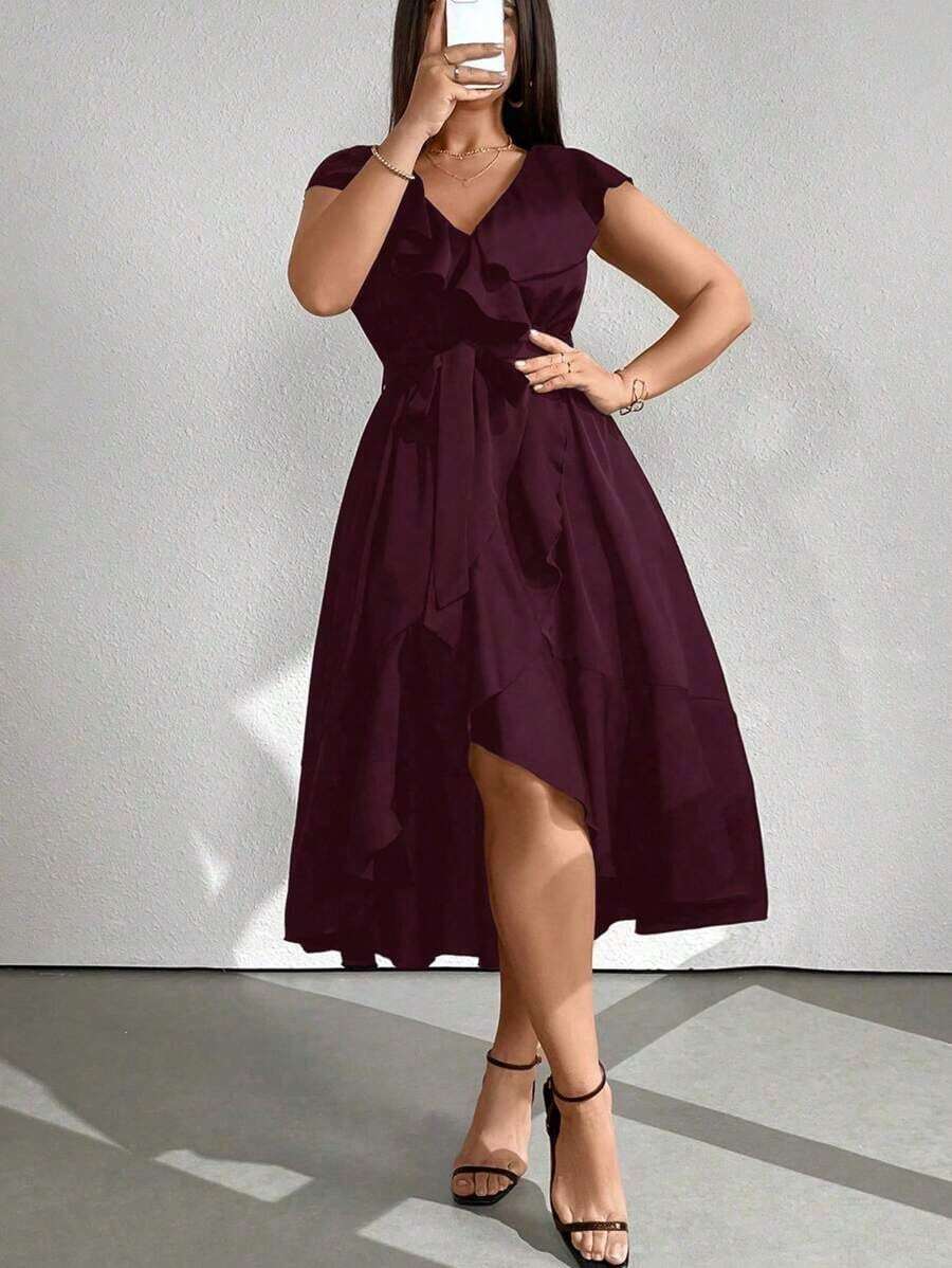 Clasi Vestido de fiesta con cuello en V y ribete de unicolor talla grande, estilo outfit para mujer - Burdeos - Ver 1