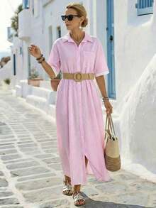 Holidaya Vestido casual de mujer con bolsillo, cuello de solapa y rayas, para verano - Rosa - Ver 3
