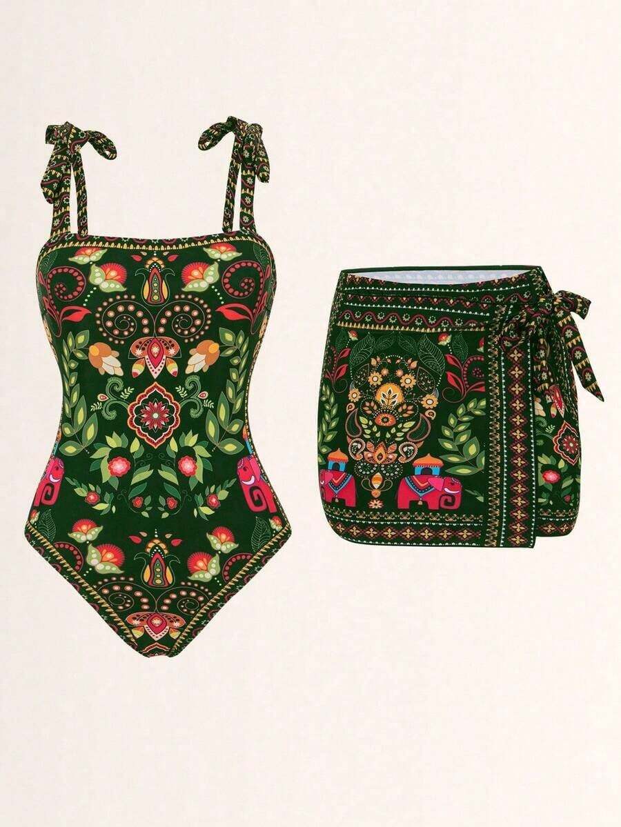 Swim Oasis Set de 2 piezas: Top con estampado posicionado + Falda con estampado posicionado, conjunto de verano - Multicolor - Ver 1