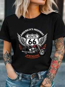 AMERICA S HIGHWAY THE MOTHER ROAD Camiseta con estampado de letras, manga corta, cuello redondo, Top Casual para verano y primavera, Ropa de mujer - Negro - Ver 2