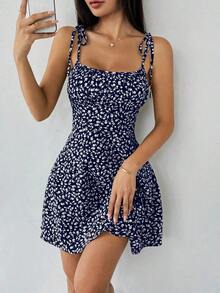 Vestido mini con tirantes de espagueti y estampado floral ditsy con lazo - Azul marino - Ver 8