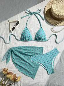 Swim Mod Conjunto de bikini de 3 piezas con estampado de lunares, escote halter y espalda con lazo, para vacaciones en la playa, atuendo de primavera, carnaval 2026, elegante, casual, traje de baño con falda - Azul - Ver 7