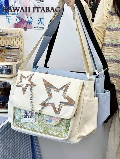 Kawaii Ita Bag Nylon Messenger Crossbody Bag With Clear Window DIY With Badges Display Plate PVC Transparent Pocket Shoulder Bag Cute Plaid Star Decor & Chain Detail Anime Badge Display School Bags For Girls Students Daily Use Concert Fan Handbags
