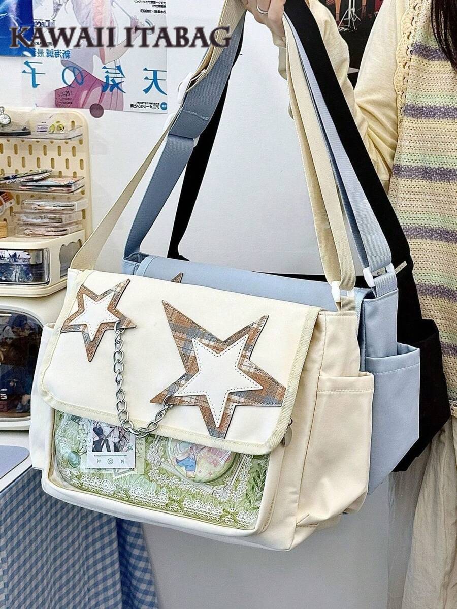 可爱痛包尼龙斜挎包,带透明窗口,可DIY徽章展示板,PVC透明口袋单肩包,可爱格子星星装饰和链条细节,动漫徽章展示,女生学生日常使用书包,演唱会粉丝手提包 - 白色 - 查看 1