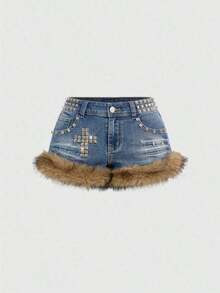 Grunge Punk Shorts vaqueros mini de cintura súper baja con decoración de cruz con tachuelas, estilo vintage desgastado Y2K, para mujer, estilo - Azul 2 - Ver 5