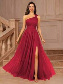 Vestido formal largo para dama de honor, invitada de boda, evento, verano, San Valentín, cumpleaños, con cuello cruzado asimétrico de un hombro, espalda descubierta, falda de tul en línea A, vestidos de mujer para otoño, regreso a clases, fiesta de bienvenida, cumpleaños, primavera elegante - Rojo - Ver 6