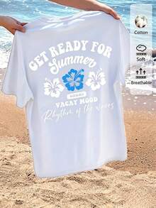 Camiseta Gráfica, Estilo Casual Minimalista, Estampado Floral de Hibisco Tropical Hawaiano, Corte Holgado para Mujer, Ideal para Vacaciones de Verano - Blanco - Ver 7