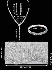 New Crystal Evening Clutch, Sparkling Women's Handbag, Women's Party Bag, Luxury Envelope Bag, Wedding Bride Gift, Comes With Sparkling Rhinestone Jewelry 3 Pieces Set, Perfect Match For Sparkling Evening Gown, Sequin Dress And Party Outfit, Suitable For Party, Evening, Gathering, Ball And Wedding - Silver - View 3