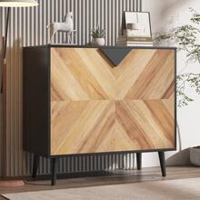 Aparador moderno de almacenamiento con estante ajustable y elegante diseño de espiga – Credenza independiente para comedor – Amplio espacio de almacenamiento para cocina, sala de estar o pasillo - Veta de nogal + negro - Ver 6