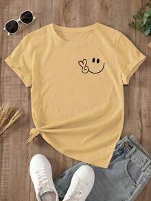 Women's Oversized Red Summer T-Shirt With  Face And Peace Sign Print. Casual Red Short-Sleeved T-Shirt With  Face, Ideal For Cool Summer Looks. - YH463-黃色 - 查看 2