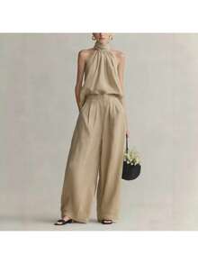 Conjunto elegante para mujer primavera-verano 2026, blusa sin mangas de cuello redondo y pantalones formales - Caqui - Ver 2