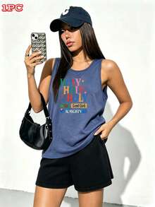 L-Ord God A-Lmighty Printed Graphic Women's Casual Sleeveless Tank Top Women's Crew Tank Top Ideal For Daily Outings Vacations Beach Trips Shopping And Casual Gatherings - Navy Blue - View 5