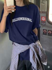 BELLKEN ORIGINAL 女款拱形字母印花短袖T恤，藏蓝色宽松圆领休闲百搭基础款上衣，显瘦百搭韩版夏季款 - 藏藍 - 查看 4