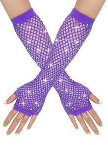 1 Pair 80s Y2K Style Rhinestone Fishnet Fingerless Gloves, Women Mesh Sleeve Decor Accessory For Wedding, Tea Party - Fishing Net Gloves - View 29