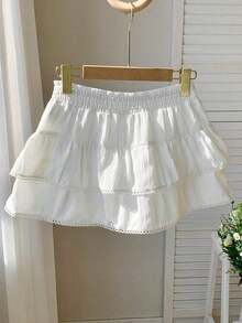Falda  para mujer, de tela tejida a rayas con cintura elástica y dobladillo con volantes, adecuada para festivales de música country - Blanco - Ver 9
