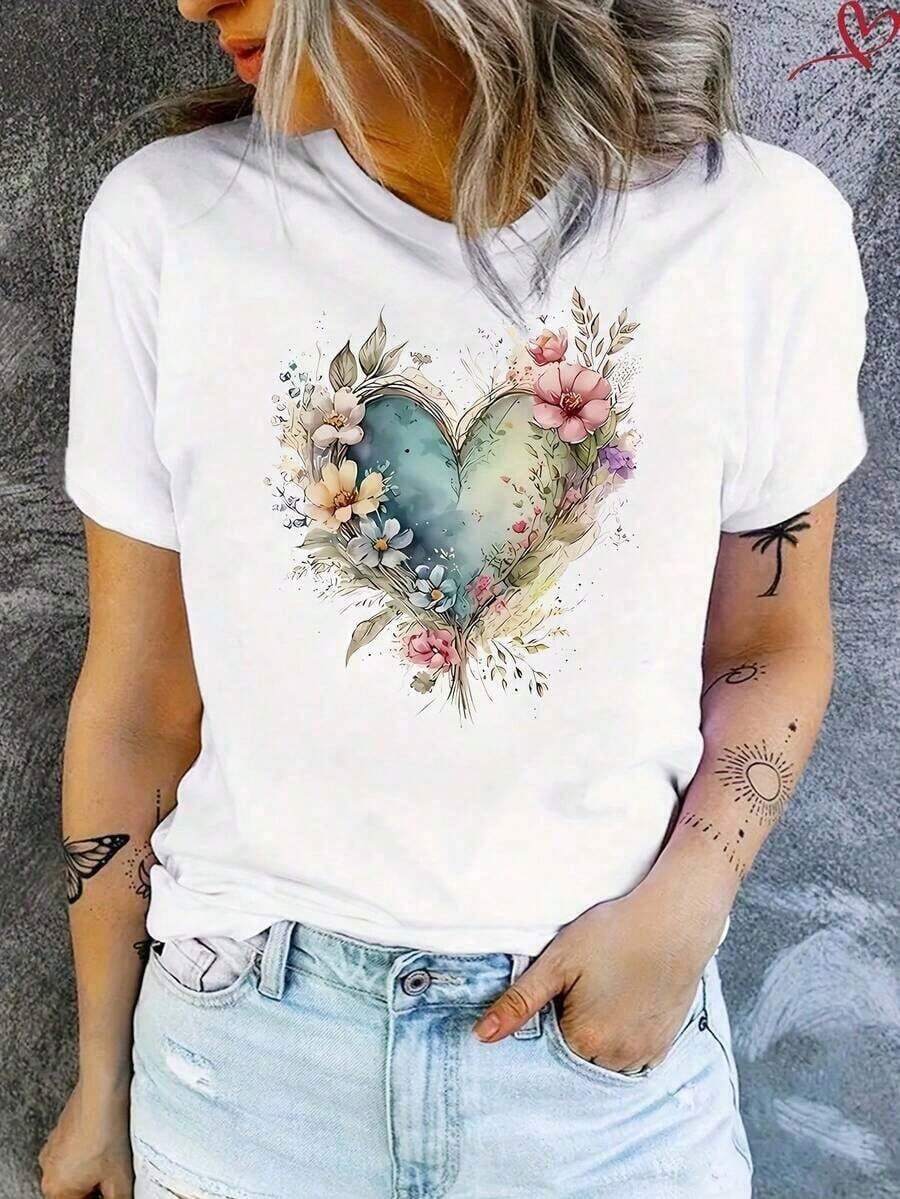 Camiseta Casual de Manga Corta para Mujer, Mezcla de Algodón, con Estampado de Coche 'Chasing The Horizon', Cuello Redondo, Largo Regular - Estilo_bo - Ver 1
