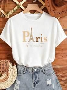 Women's Casual Parisian Romantic Graphic T-Shirt, Black Short Sleeve Drop Shoulder Crew Neck Top, Light Stretch Knit Fabric AGT0 - 白色 - 查看 2