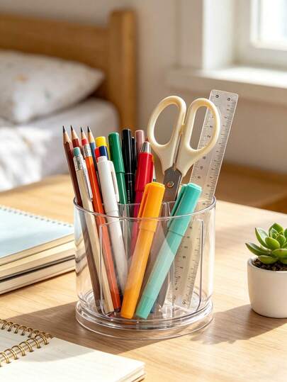 1pc Transparent Acrylic Rotating Stationery Organizer, Multi-Compartment Desktop Makeup Tool Storage Tube, Simple And Portable Easy-To-Clean 360-Degree Rotating Storage Box, For Stationery Stores, Desks, Makeup Rooms, Bathrooms, And Living Rooms