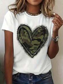 Camiseta Casual de Mujer con Estampado de Corazón y Camuflaje, Corte Holgado, Manga Corta, Cuello Redondo, Lavable, Diseño Geométrico, Tela de Textura Suave, Ropa de Verano - Blanco - Ver 6