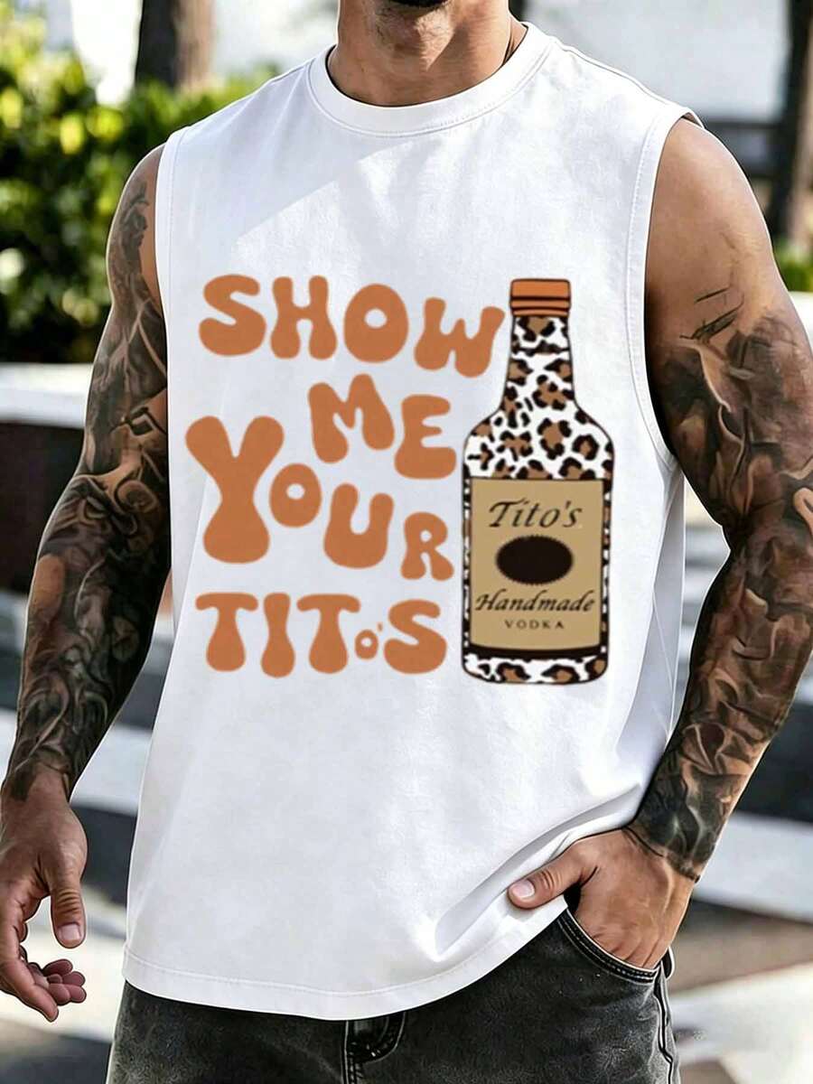Camiseta sin mangas con gráfico de la botella de vodka Tito's para hombres, de diseño divertido y humorístico, perfecta para salidas casuales y fiestas, adecuada para actividades de ocio y deportivas - Blanco - Ver 1