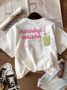 Top casual de verano para mujer con estampado, que presenta un estilo fresco, con gráficos de "Cup, Drink, and Morning Matcha Club" en una camiseta de manga corta y cuello redondo - Estilo vintage urbano, unisex, holgada, de algodón, de manga corta y cuello redondo. Blusas para mujer. blusas.blusas casuales para dama. - Blanco - Ver 6