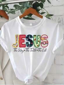 Camiseta blanca de manga corta para mujer con estampado artístico de la palabra "Jesús", cuello redondo, camiseta casual de algodón, tejido de punto de elasticidad media, corte regular para damas, para primavera/verano/otoño. - Blanco - Ver 6