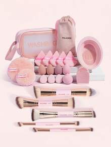 MAANGE Set de 16/24 piezas de herramientas de maquillaje reutilizables para el Día de la Madre, que incluye 5 piezas de brochas de maquillaje de aleación de aluminio, bolsa de terciopelo, esponjas de maquillaje secas y húmedas, bolsa de maquillaje, herramientas de limpieza - Brocha de base, brocha de rubor, brocha de corrector, brocha de contorno, brocha de iluminador, brocha de sombra de ojos, brocha de cejas, brocha de delineador, brocha de detalle, adecuado para maquillaje líquido, en crema y en polvo, para difuminar, mezclar y maquillaje facial, un gran regalo para mamá - Multicolor - Ver 4