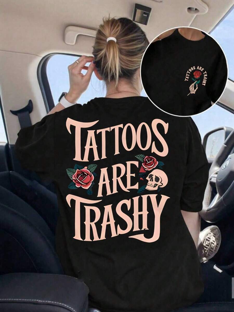 Women's Black Oversized Summer T-Shirt With "Nashville Music City" And Guitar Print. Loose-Fitting Crew Neck T-Shirt With Vintage Guitar And Rose Design. - YH468-黑色 - 查看 1