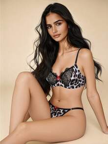 2 piezas Conjunto de lencería de mujer con estampado de leopardo y encaje, sujetador con aros y tanga, conjunto de ropa interior sexy, adecuado para San Valentín, citas nocturnas y fiestas de disfraces - Marrón - Ver 1