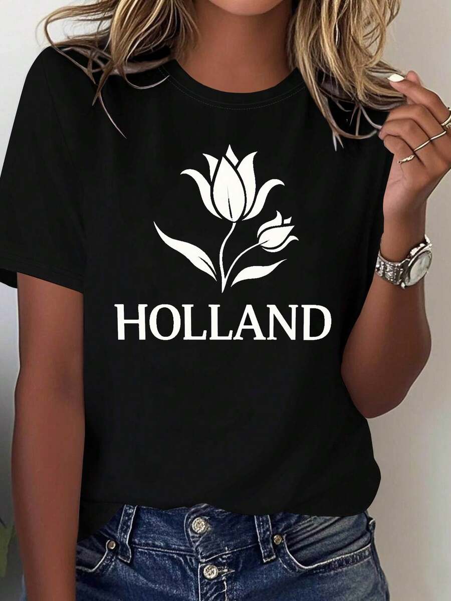 Camiseta de Mujer con Tema de Tulipanes Holandeses y Holanda - Manga Corta, Cuello Redondo, Blusa Casual con Motivos Holandeses (Tulipanes, Letras de Holanda) - Conjuntos de Primavera y Verano, Ropa Casual Lavable a Máquina y Regalo de Recuerdo Holandés - Negro - Ver 1
