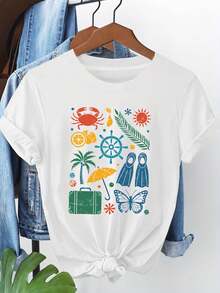 Camiseta casual de manga corta con cuello redondo para mujer, estampado gráfico de verano con iconos de cangrejo, limón, sol y surf| Estilo diario, salida diaria, regalo de vacaciones - Negro - Ver 6
