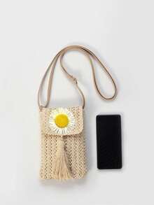 Women's Straw Tassel Crossbody Bag, Summer Beach Vacation Shoulder Bag, Sunflower/Daisy Solid Color Mini Straw Handbag, Lightweight Boho Rattan Style Tote, Adjustable Strap Small Handbag, Portable Woven Clutch For Daily Commute Shopping, Aesthetic Beach Bag For Picnic Vacation Outfit, Durable Straw Bag Gift For Women And Girls - Multicolor - View 4