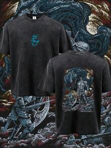 Camiseta unisex de moda con cuello redondo, estampada por ambos lados, de estilo casual y lavado, con diseño de dragón y guerrero en algodón. |   Lavable a máquina |   Cómodo en todas las estaciones |   100% algodón puro |   Artículo promocional de alta calidad, estilo callejero retro japonés, corte holgado y de gran . - Negro - Ver 7