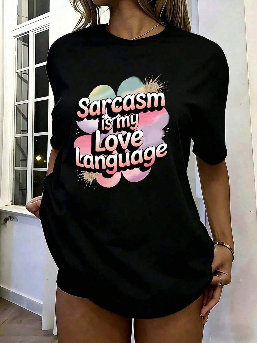El sarcasmo es mi lenguaje de amor, camiseta divertida con estampado de letras en burbujas, de corte holgado, para mujer, con un bonito estampado en acuarela, de manga corta y cuello redondo, camiseta casual de algodón, talla grande para uso diario, ropa de moda mexicana para mujer, ropa fresca de verano. - Negro - Ver 1