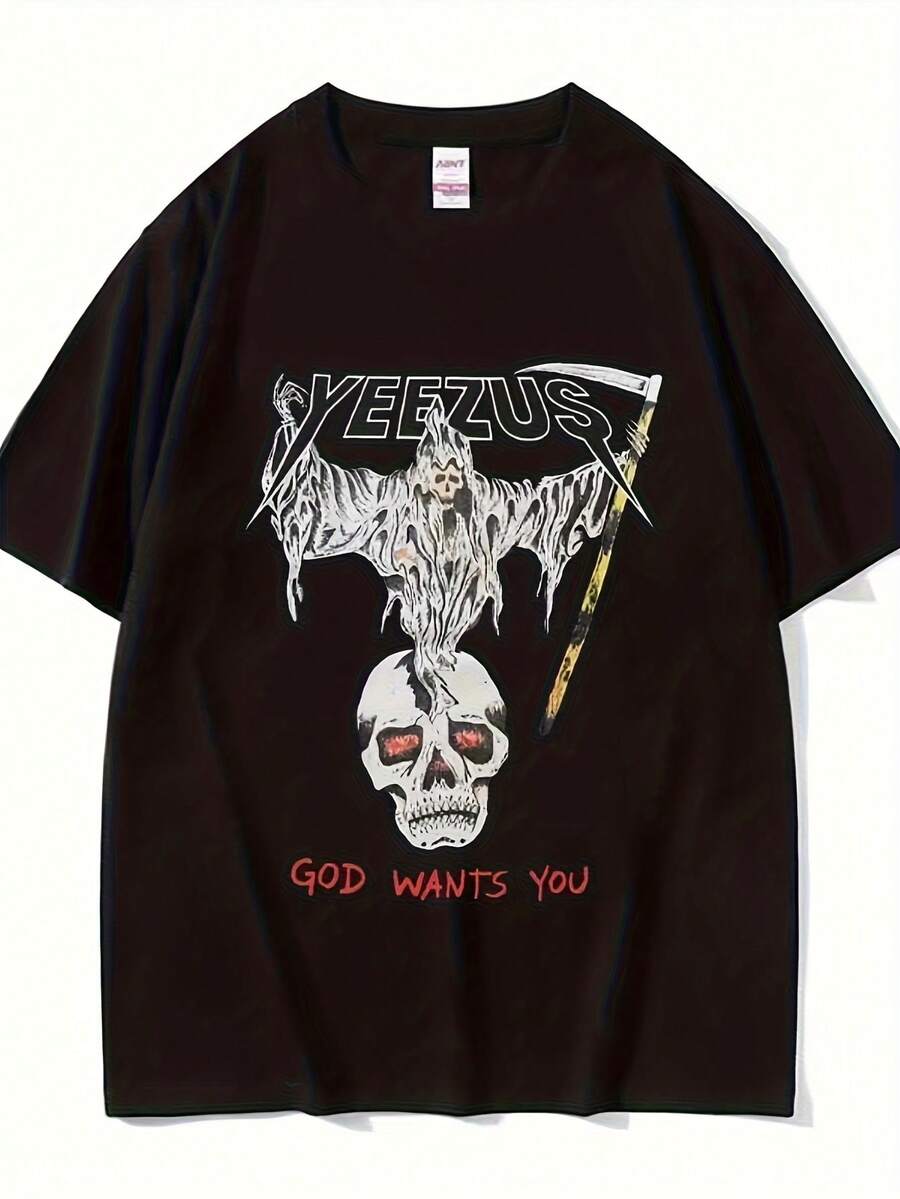 Camiseta Unisex con Estampado de Calavera y Guadañador - Negra, Corte Holgado, Cuello Redondo, Diseño Gótico con Detalles Rojos - Ideal para Uso Casual, Moda de Verano, Amantes de la Música y Fans del Streetwear playeras de hombre playeras oversize de mujer y2k camisa de mujer camisa blusa casual mujer blusa elegante mujer ofertas - Negro - Ver 1