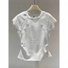 Camiseta de manga corta para mujer, estilo coreano, de algodón, con encaje, plisada, ajustada, blanca, con diseño creativo y cuello redondo, Verano 2025 - Papas fritas blancas [con hamburguesa de ] - Ver 19