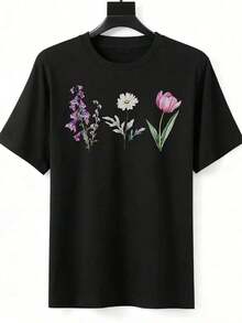 Camiseta con Estampado Floral para Mujer, Top Casual de Manga Corta de Verano con Diseño de Margaritas, Tulipanes y Vaino para Uso Diario y Temporada de Primavera - Negro - Ver 3