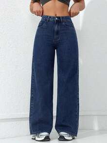 Jeans rectos de mujer de unicolor con cinturón, versátiles para el verano - Azul lavado medio - Ver 3