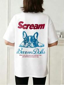 Women's Summer T-Shirt, American Vintage Style, Cream Color, With French Bulldog Print, Loose Fit, Versatile, Short Sleeve, Casual, White - 白色的 - 查看 8