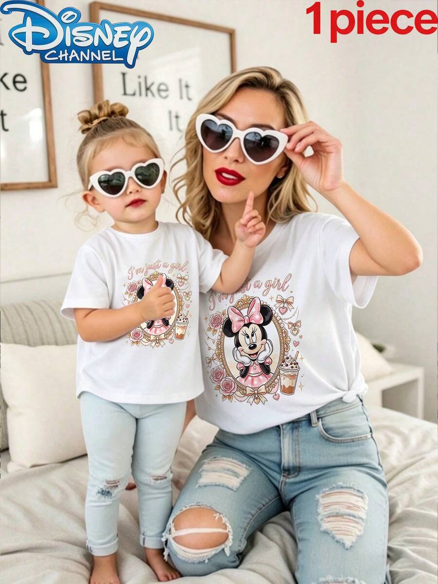 Disney 1pc Girls Casual "I'm Just A Girl" Minnie Mouse Aesthetic Print Short Sleeve T-Shirt - trắng - Xem 1