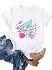 Camia de Mujer con Estampado de Letras a la Moda, Cómoda y Relajante, Cuello Redondo, Adecuada para Todas las Temporadas, Elegante y Casual, , Camia Esencial para Fiestas Elegantes en Verano, Transpirable y Confortable. - Blanco - Ver 1