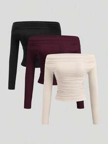 Conjunto de 3 piezas para mujer: Blusa de manga larga hombros descubiertos, blusas cortas entalladas, cómodas y amigables con la piel, versátil y estilizador - Multicolor 4 - Ver 7