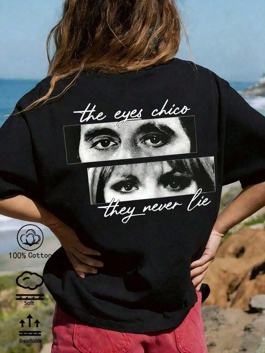 Women's T-Shirt With Humorous Print, Round Neck, Short Sleeve, Casual Design - 黑色 - 查看 1
