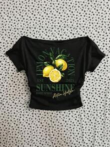 Camiseta de manga corta ajustada con hombros descubiertos y pliegues en la cintura, con estampado de limón, adecuada para el verano - Negro 4 - Ver 7