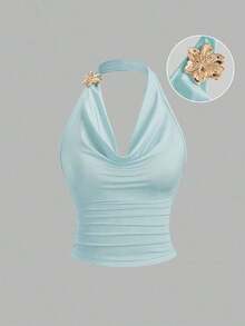 Sweetro Top sin mangas con cuello de volantes inspirado en el estilo vintage, diseño de cintura fruncida, top de verano de moda para mujeres - Azul - Ver 1